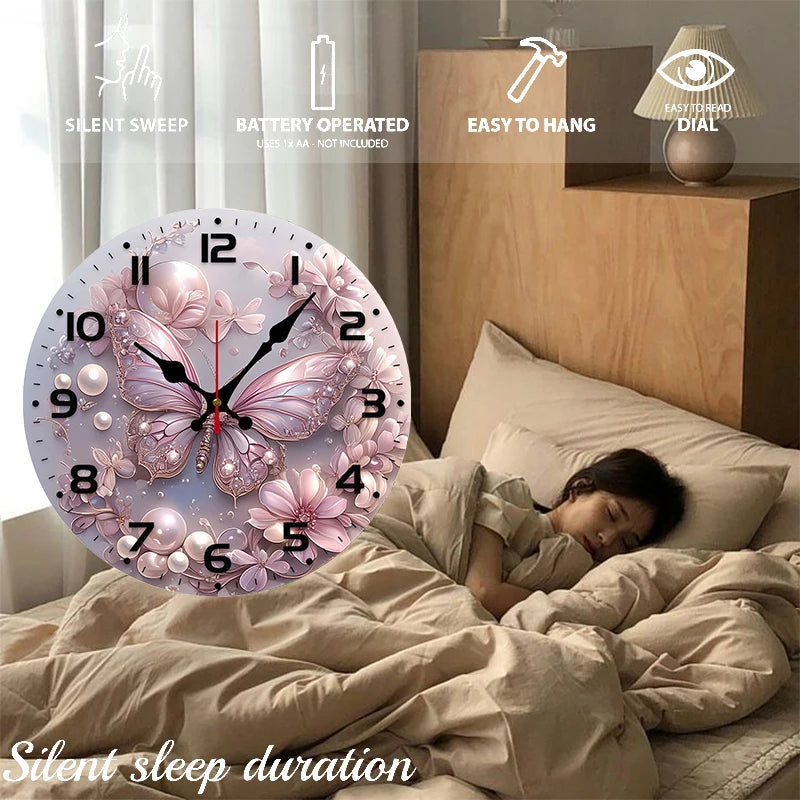 Pink Butterfly Wooden Round Silent Hanging Wall Clock, Suitable For Living Room,Office,Study Room, Bedroom, Home Decoration