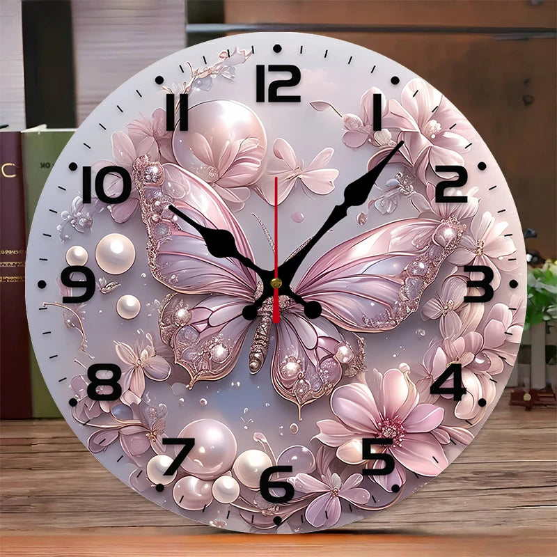 Pink Butterfly Wooden Round Silent Hanging Wall Clock, Suitable For Living Room,Office,Study Room, Bedroom, Home Decoration