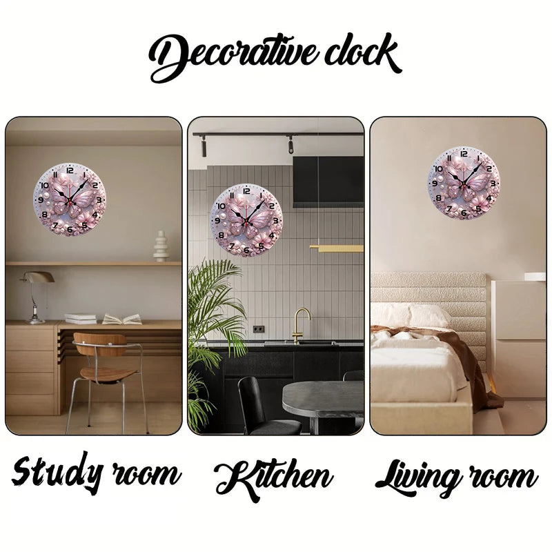Pink Butterfly Wooden Round Silent Hanging Wall Clock, Suitable For Living Room,Office,Study Room, Bedroom, Home Decoration