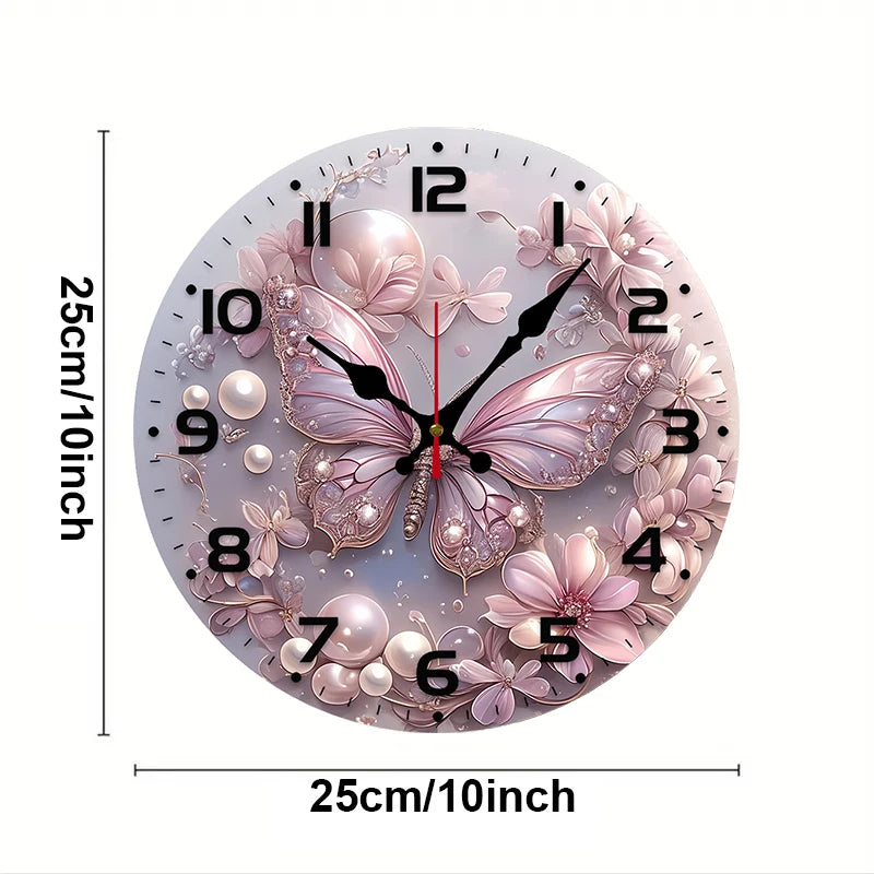 Pink Butterfly Wooden Round Silent Hanging Wall Clock, Suitable For Living Room,Office,Study Room, Bedroom, Home Decoration