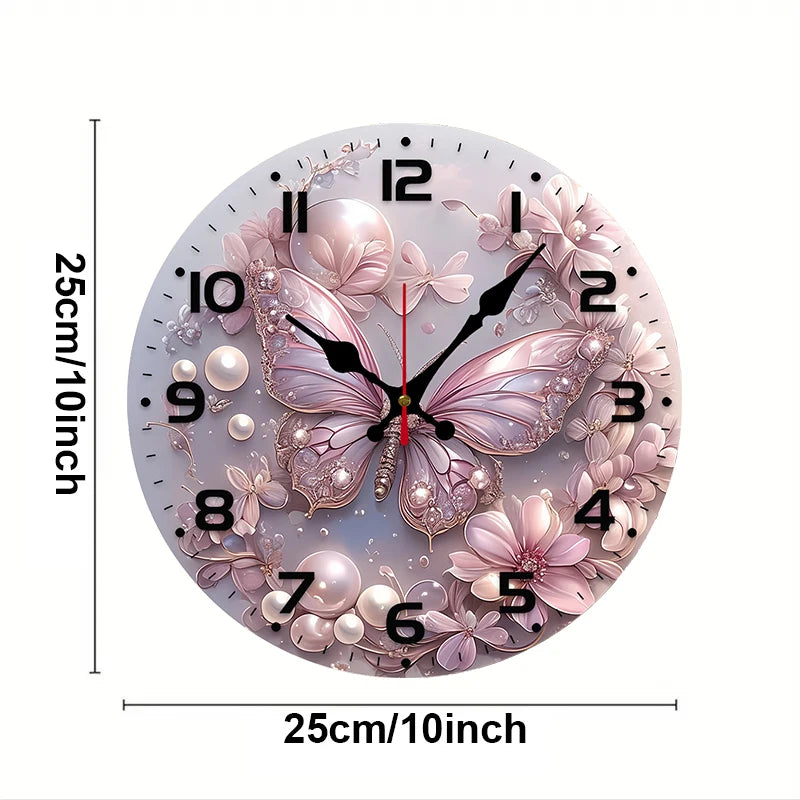 Pink Butterfly Wooden Round Silent Hanging Wall Clock, Suitable For Living Room,Office,Study Room, Bedroom, Home Decoration