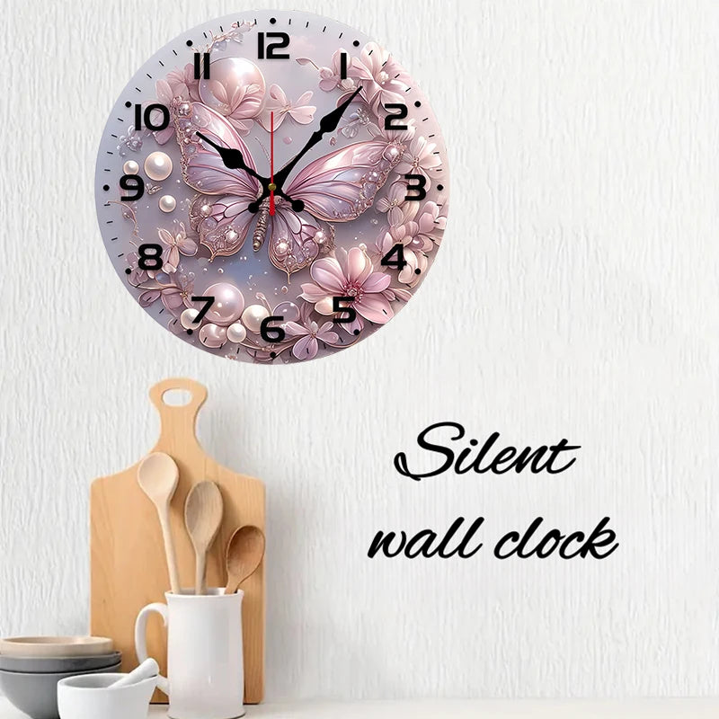 Pink Butterfly Wooden Round Silent Hanging Wall Clock, Suitable For Living Room,Office,Study Room, Bedroom, Home Decoration